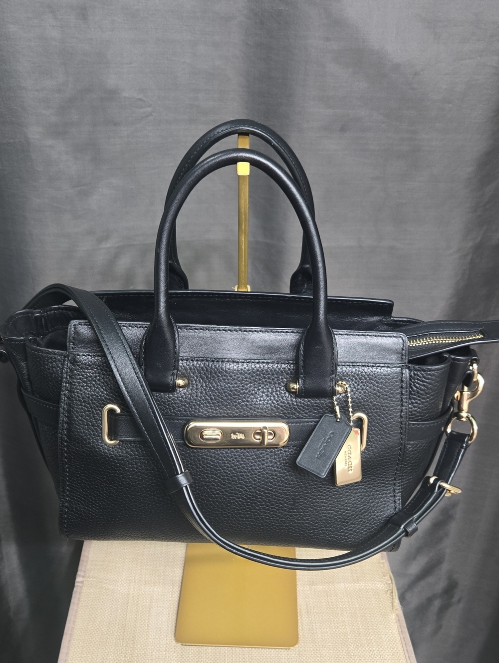 Coach Swagger Black Pebbled Leather Satchel with Gold Hardware